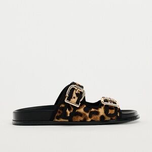 Zara animal (leopard) embossed leather slides, size 7, new